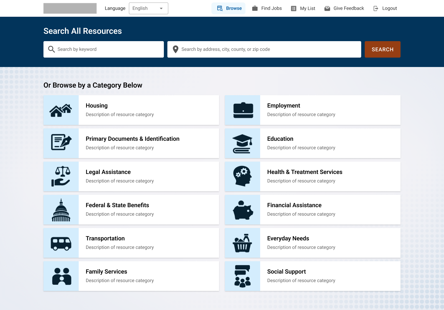 Re-Entry Resource Hub home page on desktop